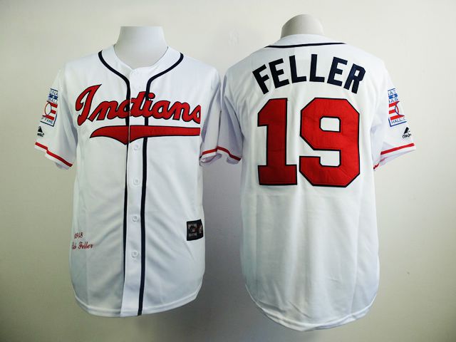 Men Cleveland Indians 19 Feller White Throwback MLB Jerseys